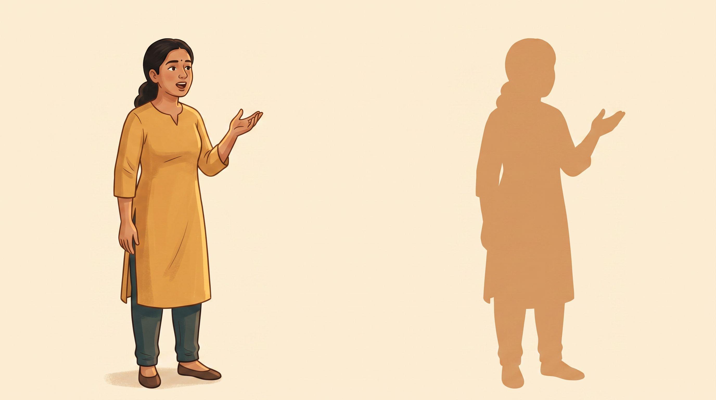 The same woman drawn twice on a plain cream ground: on the left in full colour mid-sentence with a hand raised, on the right as a blank tan silhouette.