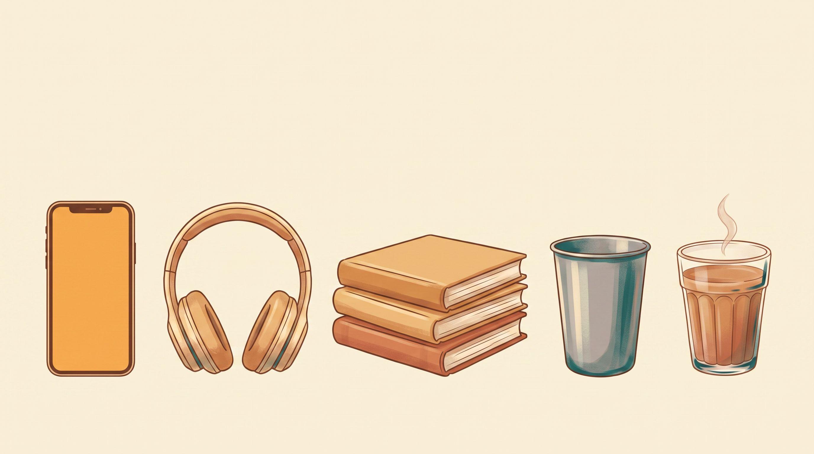 A smartphone with a blank screen, headphones, a stack of three plain books, a steel tumbler and a glass of chai in an even row on plain cream.