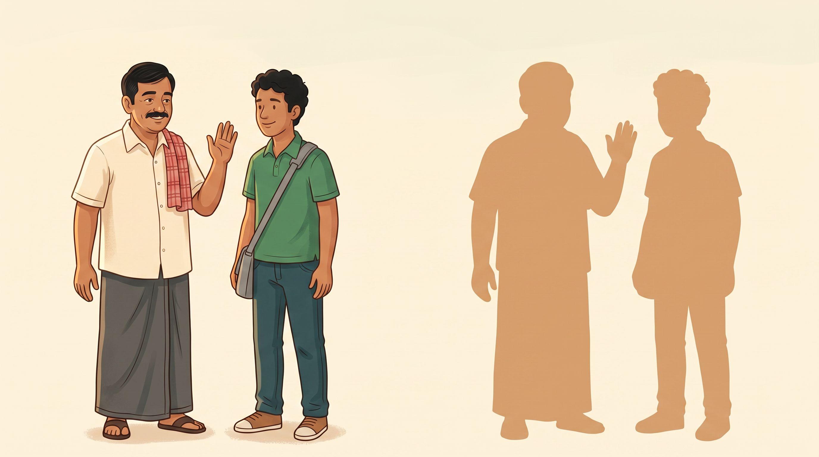 An older man with a checked cloth on his shoulder greeting a younger man with a shoulder bag, and the same pair again as blank tan silhouettes.
