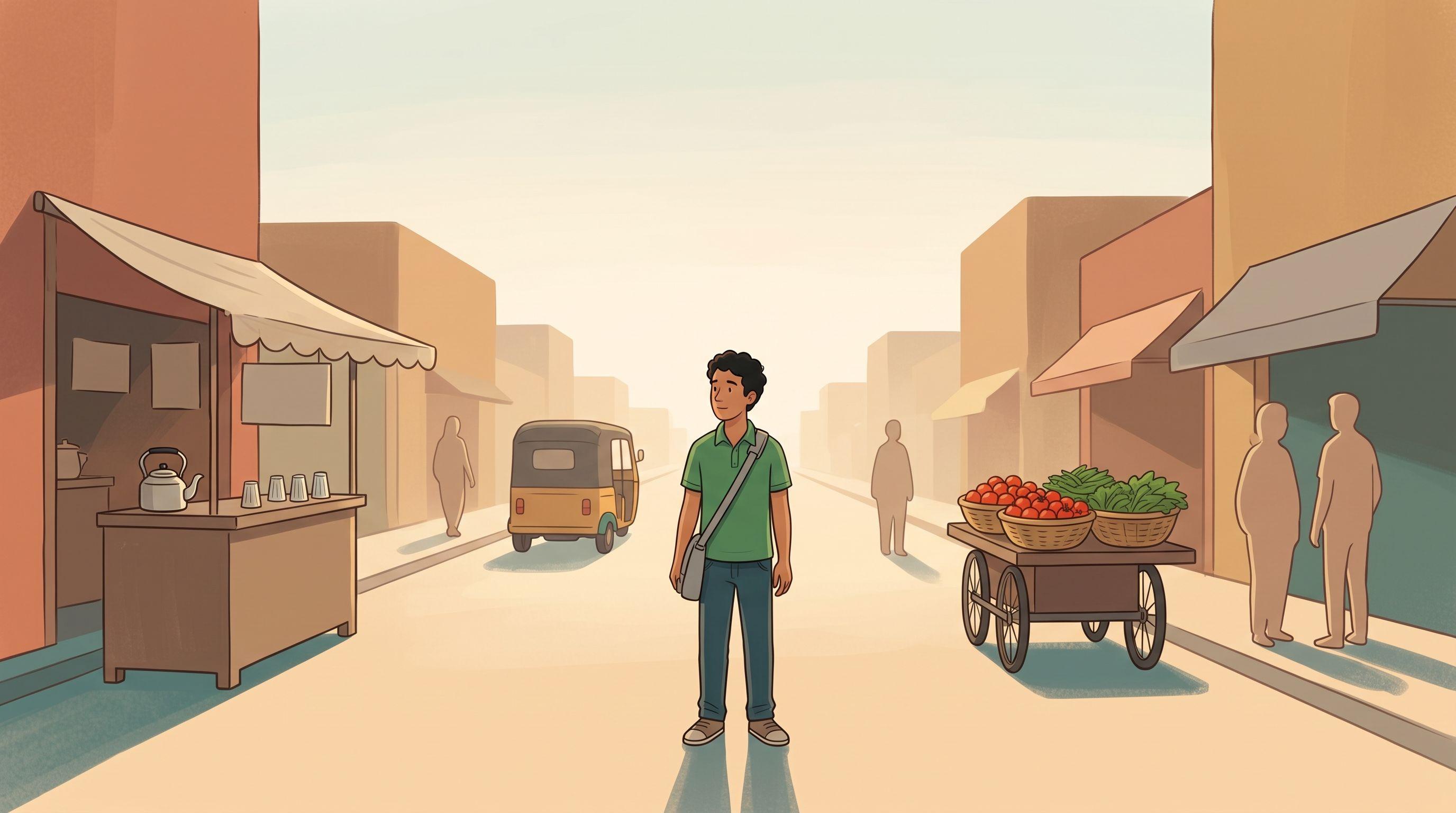 A man with a shoulder bag standing in the middle of a hazy Hyderabad street, a tea stall on one side and a vegetable cart on the other.