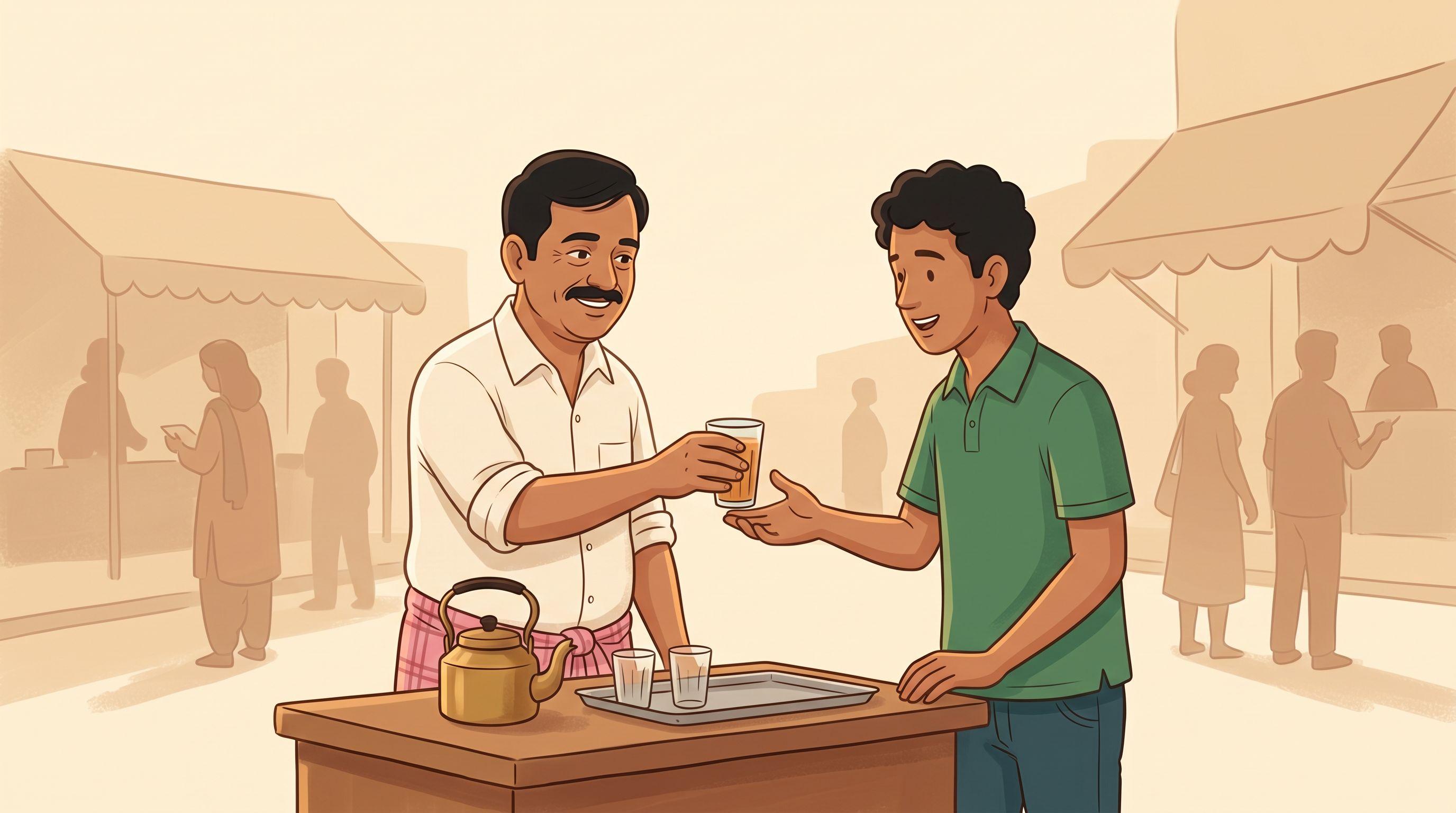 A stall owner handing a glass of chai across a wooden counter to a customer reaching for it, a kettle and glasses beside them on a hazy street.