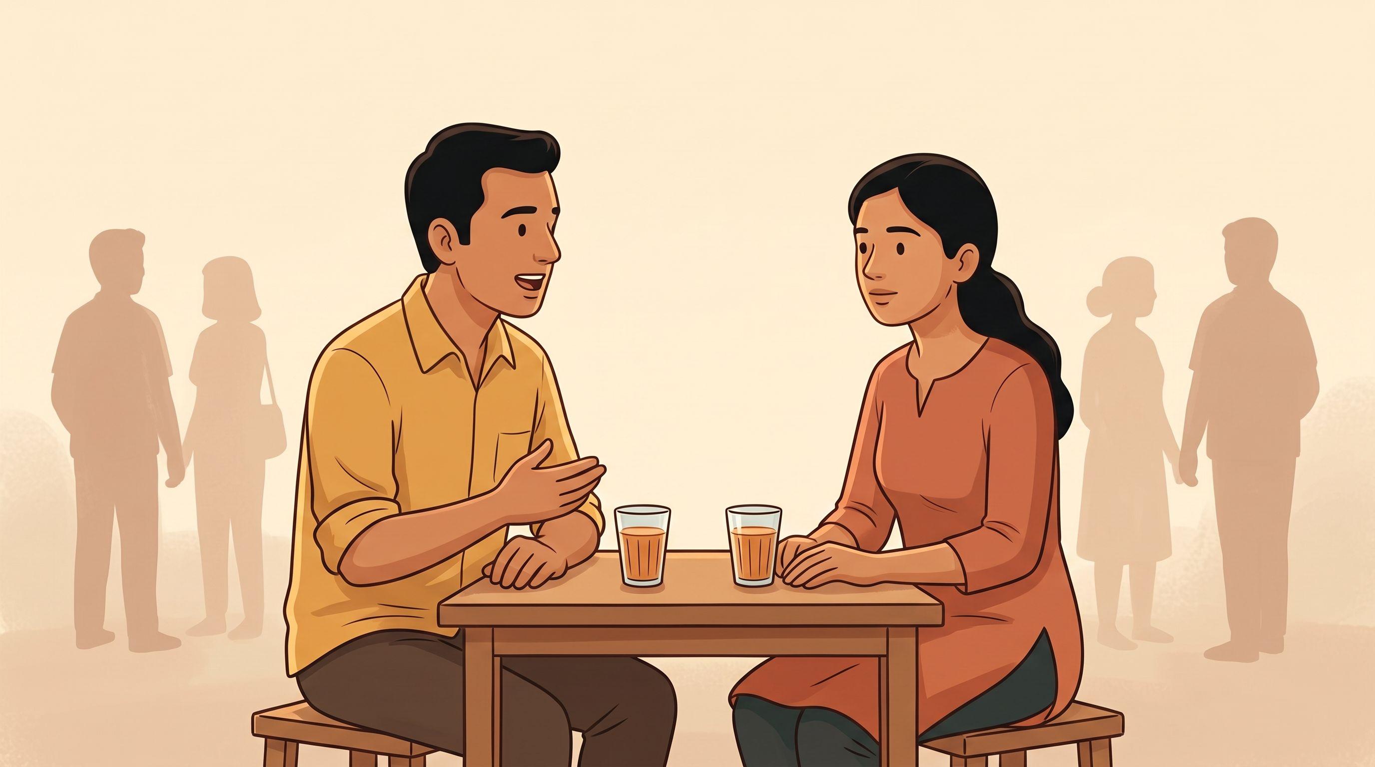 A man mid-sentence at a small table with two glasses of chai, the woman across from him listening in silence with her hands still.