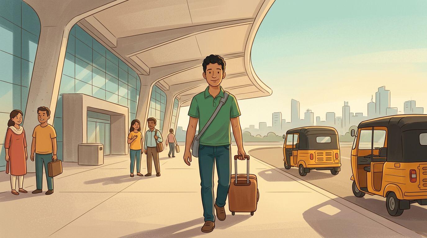 Varun arrives at Hyderabad airport with his suitcase, autos waiting at the kerb