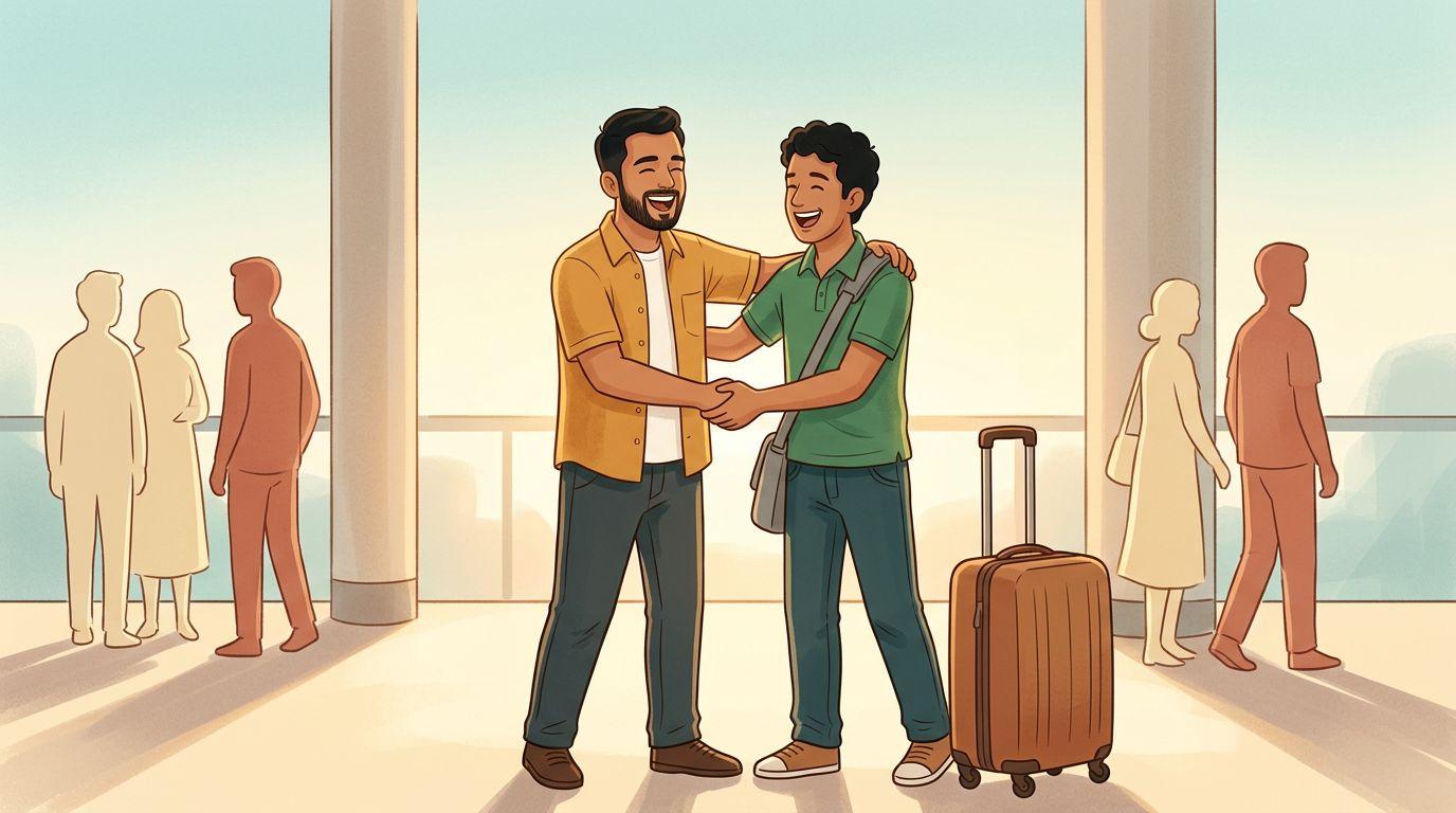 Varun and Rahul outside Hyderabad airport on day one, making the pact to speak only Telugu