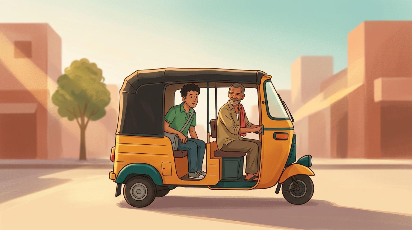 Varun negotiating an auto fare with Basha on a Hyderabad street, asking how much in Telugu