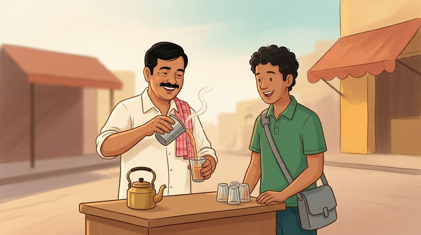 Raju pouring chai at his tea stall while Varun orders in Telugu