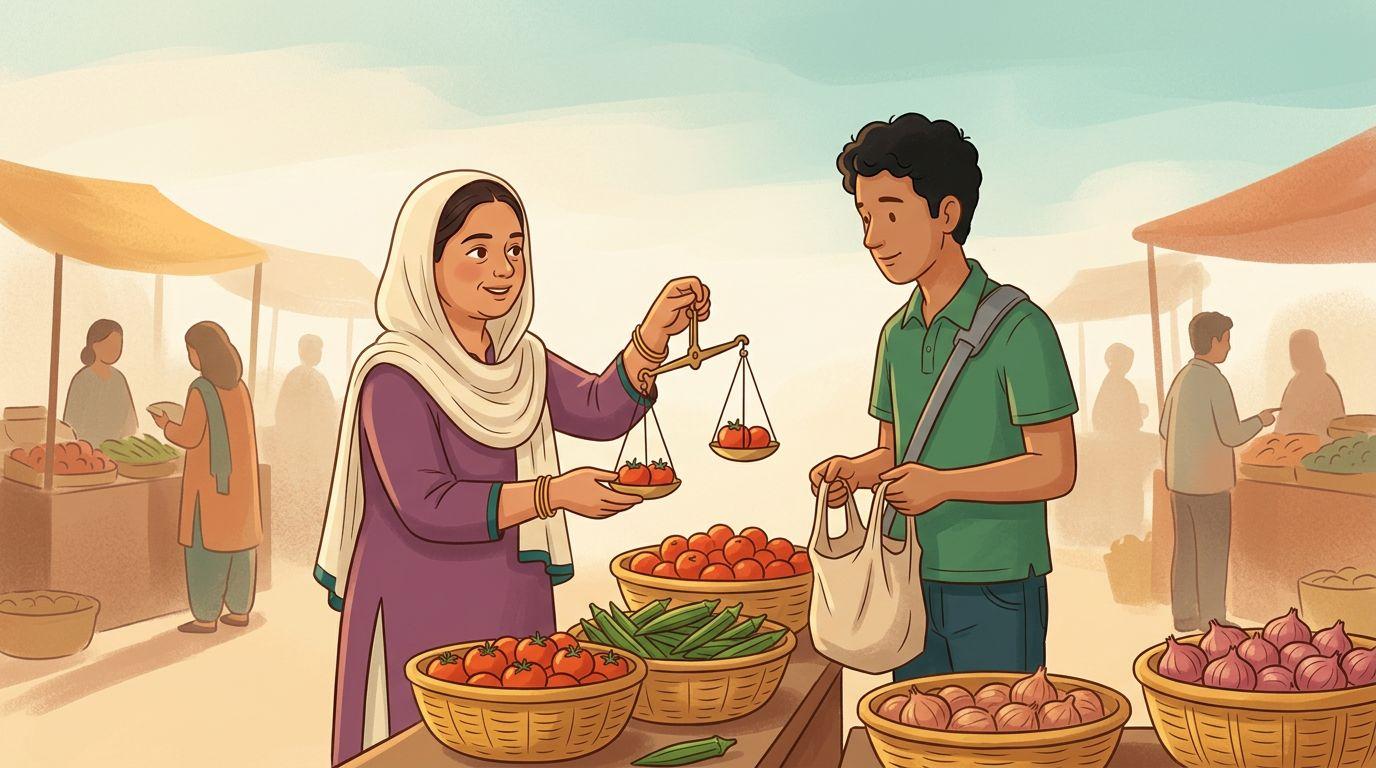 Salma weighing vegetables at her market stall while Varun bargains over the price in Telugu