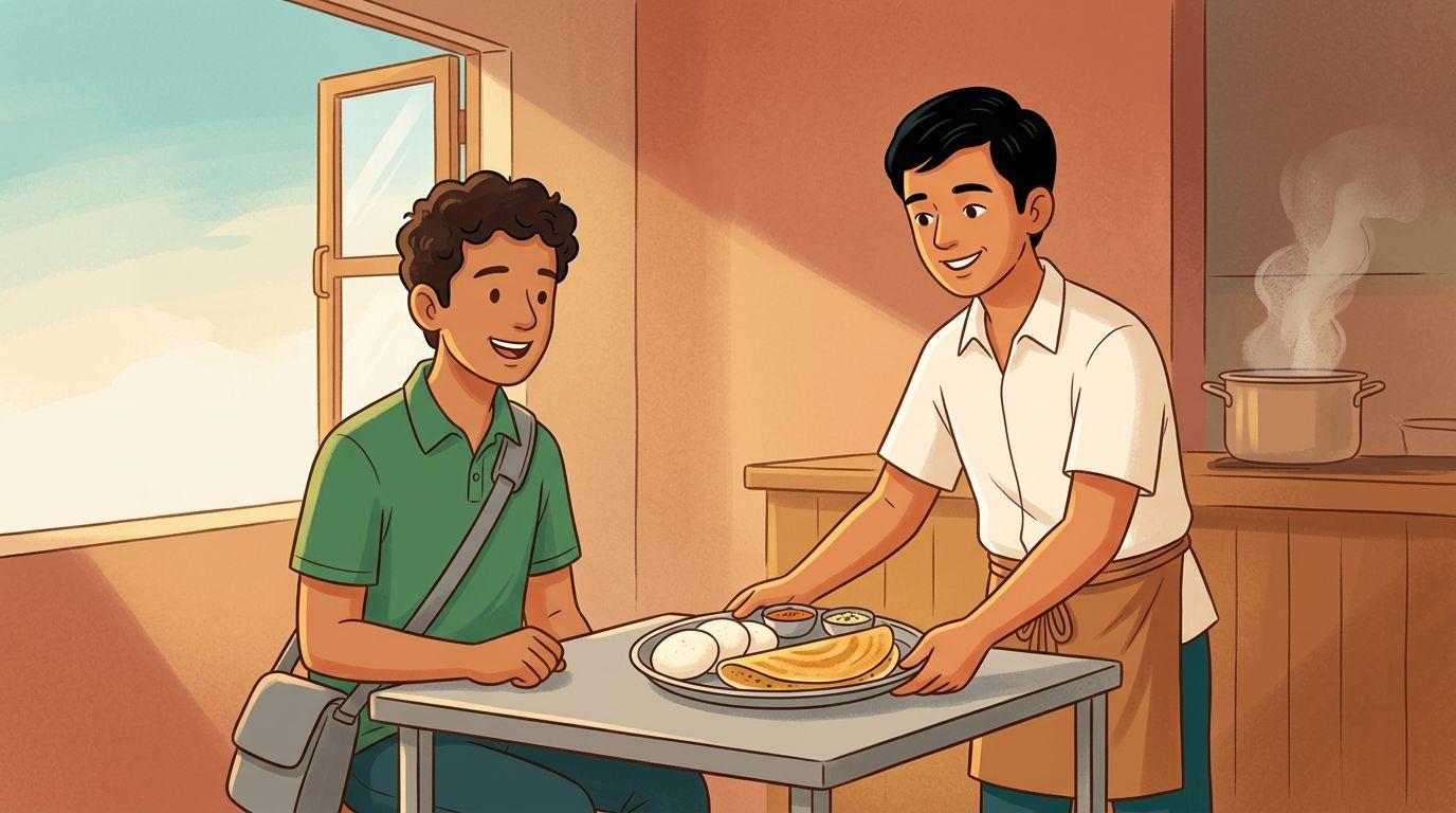 Venu serving dosas at his tiffin centre while Varun orders breakfast in Telugu