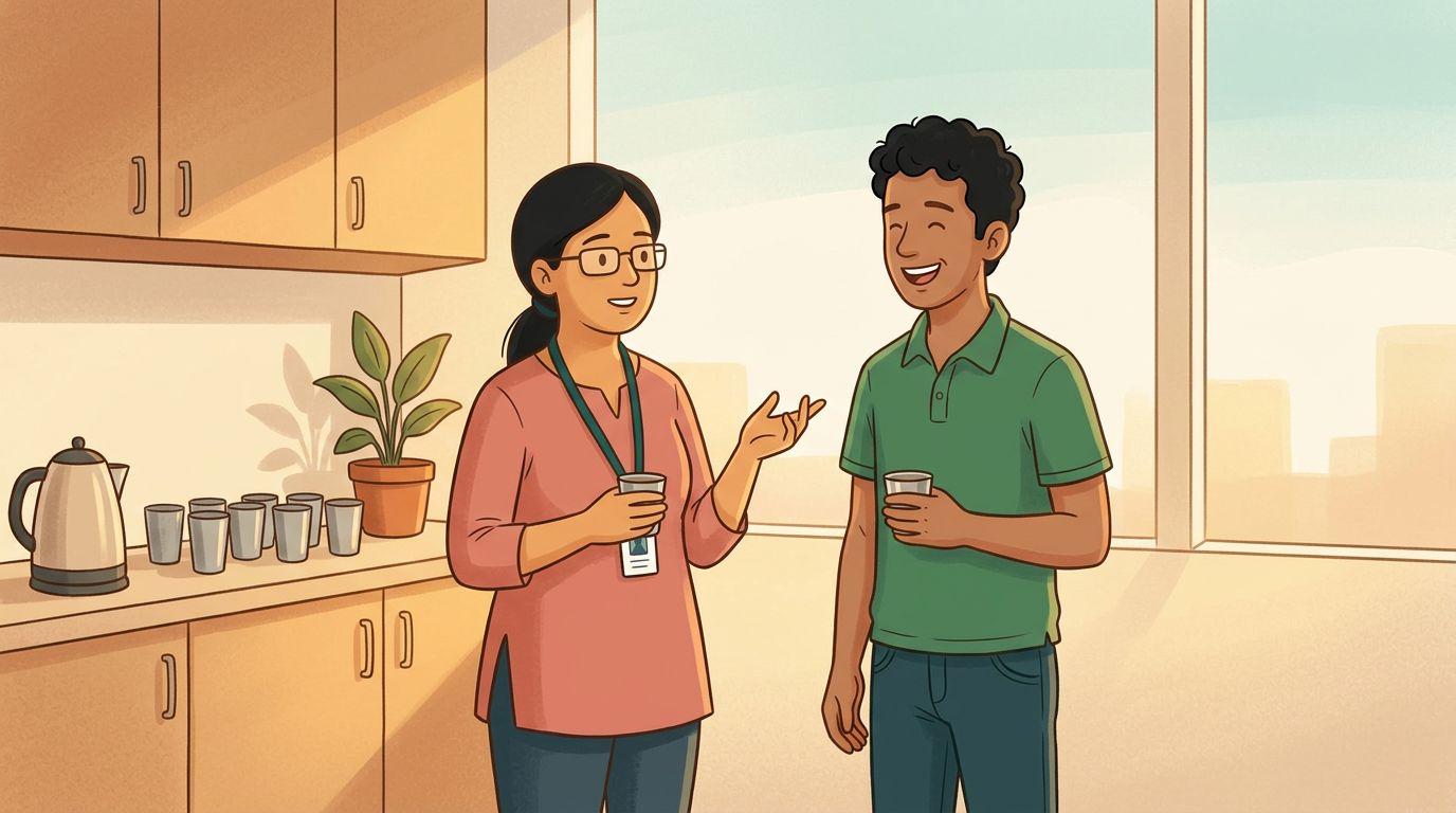Divya and Joshua making small talk with Varun in the office pantry, in Telugu