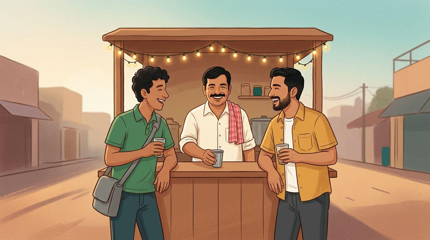 Rahul and Varun over a second glass of chai at Raju's stall in the evening